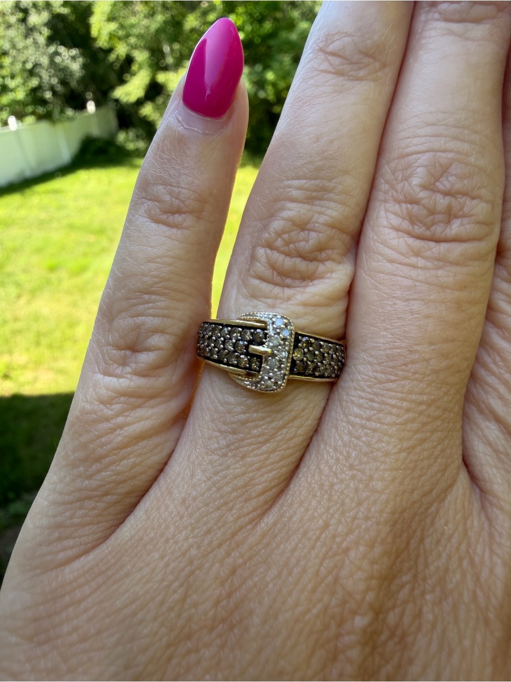 10K Gold Natural Champagne & White Diamond Buckle Ring